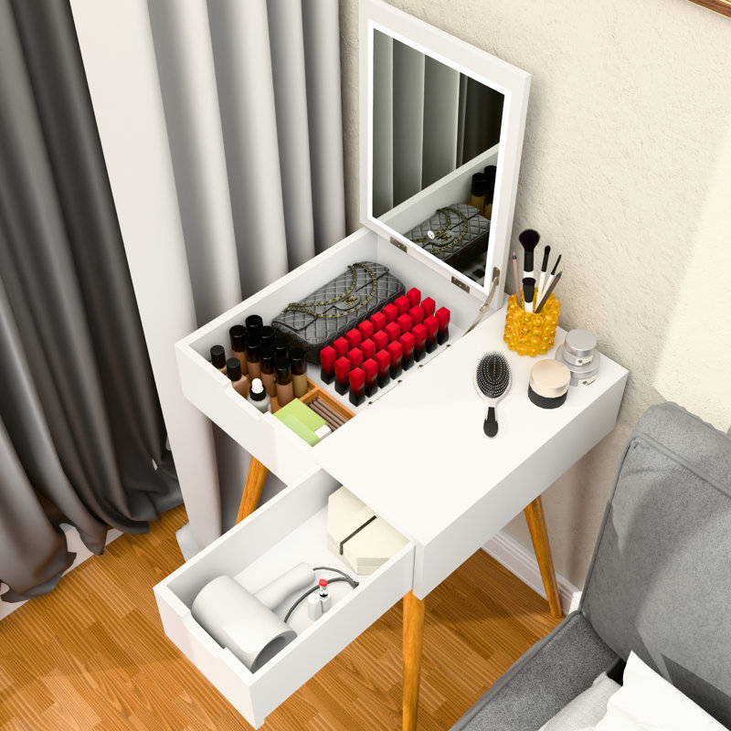 Petit meuble-lavabo avec miroir à DEL 3 couleurs et 2 compartiments de rangement, conception moderne pour bureau de chambre à coucher, tiroirs à lumières blanches, chambre à coucher, vestiaire, bureau,