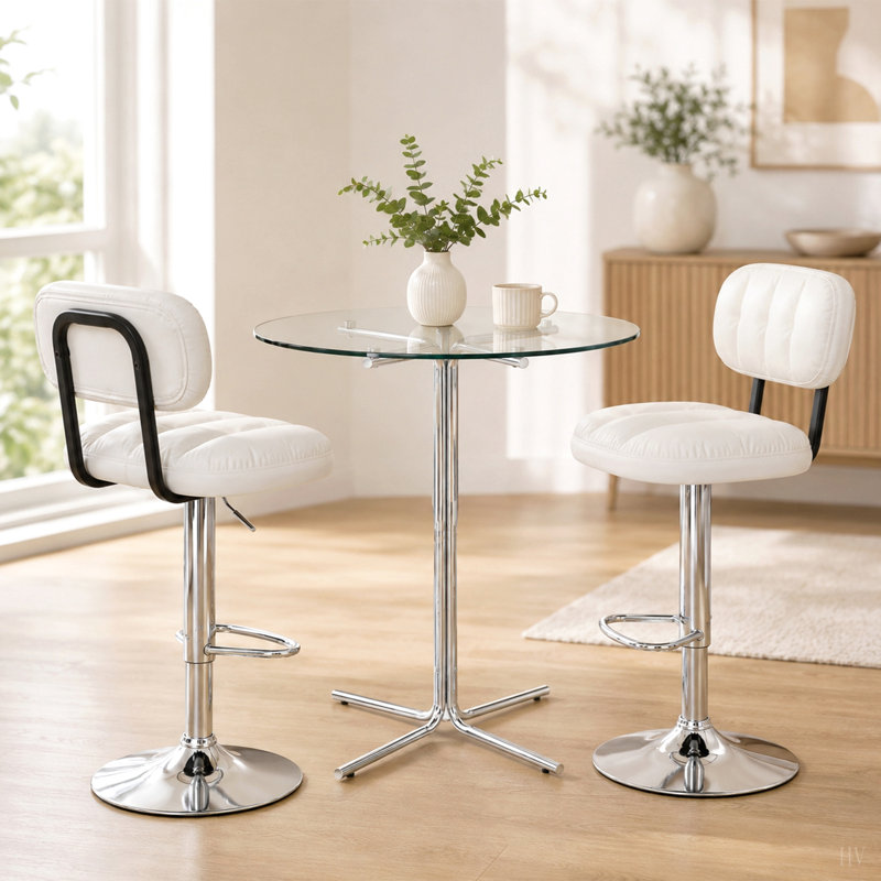 Ensemble de tables de bar rondes en verre avec 2 tabourets de bar à hauteur ajustable, table de bistro argentée moderne à hauteur de comptoir avec chaises rembourrées pour le bar, la cuisine et le coin-repas