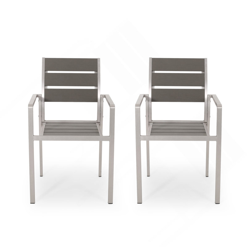 Chaise de salle à manger d'extérieur moderne en aluminium avec siège en faux bois (ensemble de 2), gris et argent