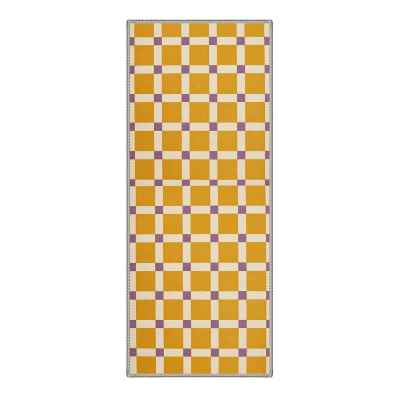 Calmo Modern Checkerboard Machine Washable Yellow / Beige / Purple Indoor Area Rug with Non-Slip Backing, Runner 2' x 7'
