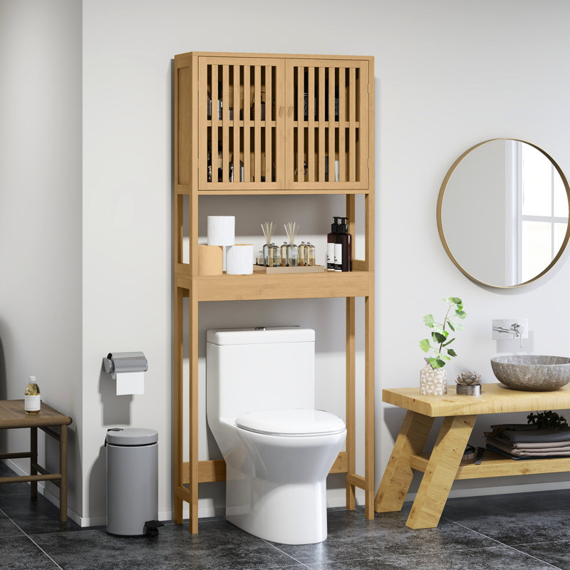 Over Toilet Shelf Storage Unit - Practical Bathroom Organizer With Slatted Doors And Adjustable Cabinet Spacious Shelves
