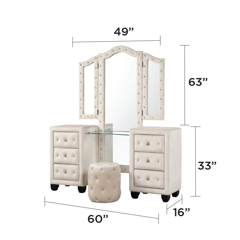 Ensemble coiffeuse avec tabouret et miroir Rausch, Crème, crème
