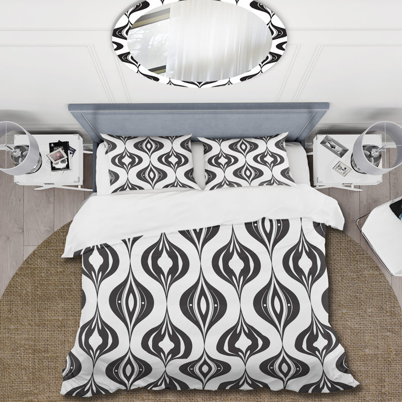 Ensemble de housse de couette noir et blanc Midcentury Ogee Print I - Midcentury
