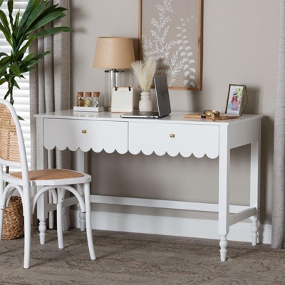 Baxton Studio Roni Writing Desk With Drawers - Modern Cottage Style Desk With Scalloped Detailing For Home Office Or Vanity, White