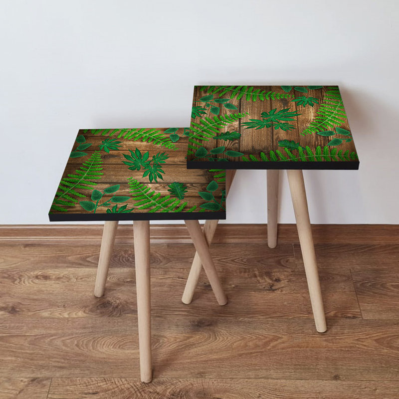 Modern Nesting Table Set (2 Pieces), Green & Brown, 13.8 x 18.5 x 13.8 inches | 100% MDF with Beech Wood Legs, Stylish & Functional | Perfect for Living Room, Home Office & Modern Décor, Durable & Elegant Design