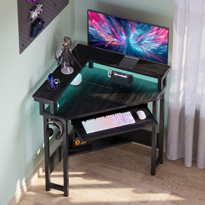Loferski Corner Desk with Power Outlets & LED Lights, Triangle Corner Desk with Monitor Stand & Keyboard Tray for Small Space