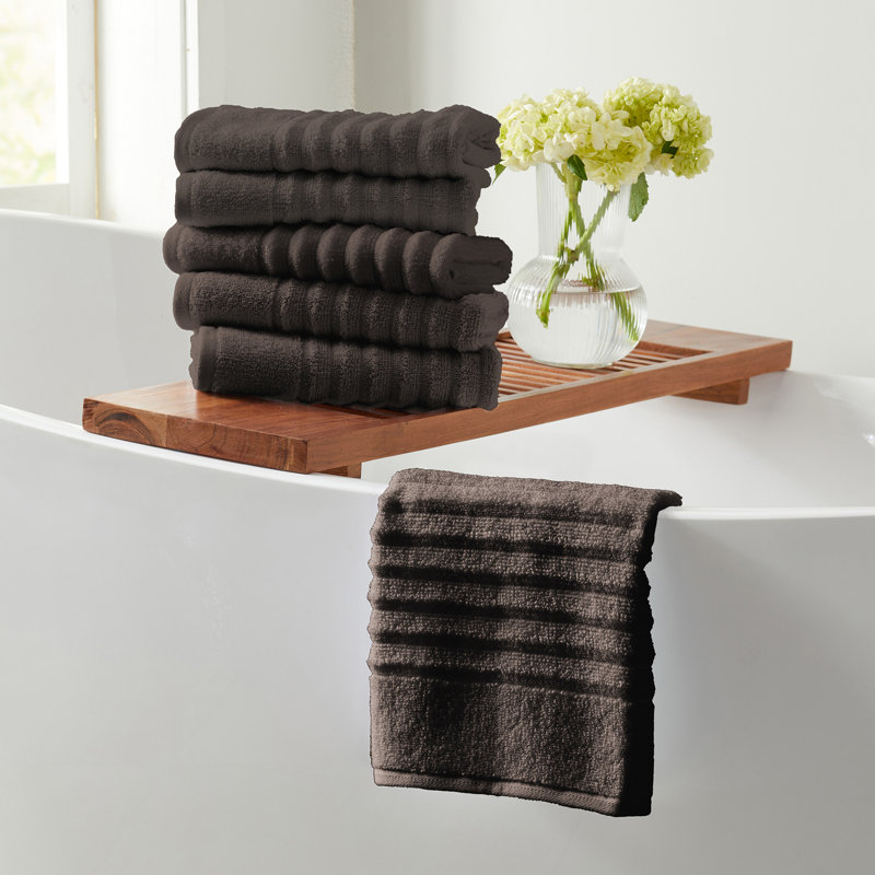 100% Zero-Twist Cotton Ribbed Bath Towels , Midnight Gray, Hand Towels - 6 Pack
