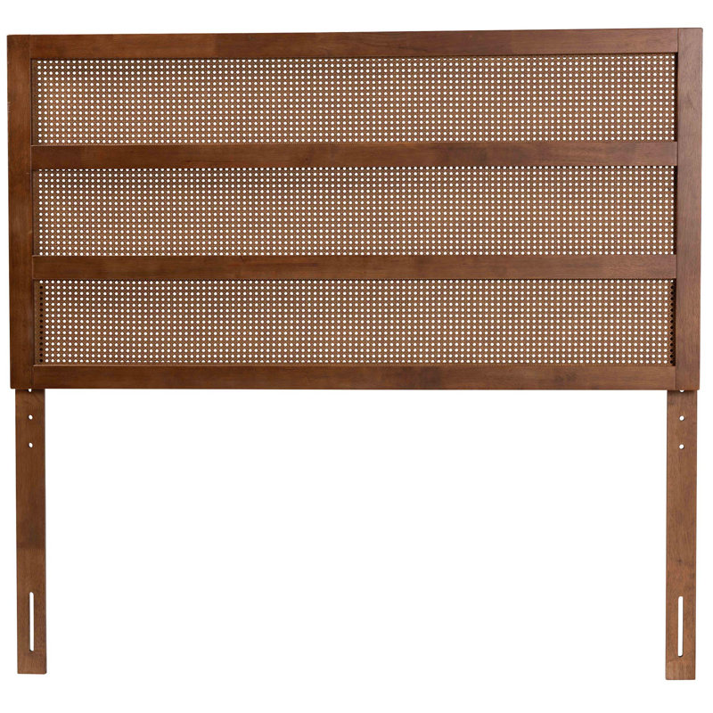 Walnut Wood and Rattan Queen Size Headboard with Woven Design