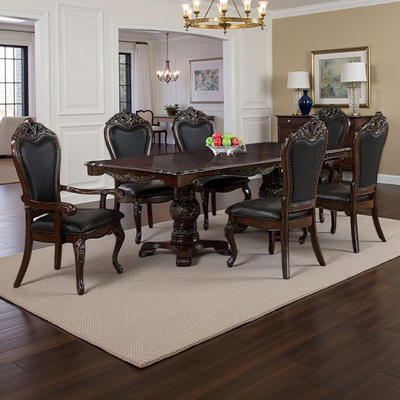 Ensemble de salle à manger Zenie, table en bois chic, 8 chaises sculptées, 7, Noir / brun cerise