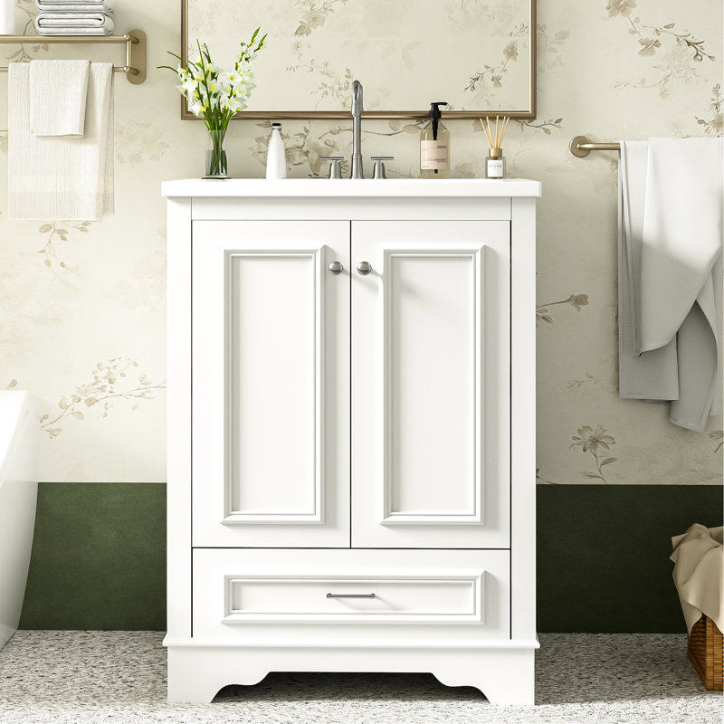 Armoire de salle de bain 24 po avec lavabo en céramique, lignes élégantes, construction, lavabo de tiroir fonctionnel, style moderne, céramique, espace réglable