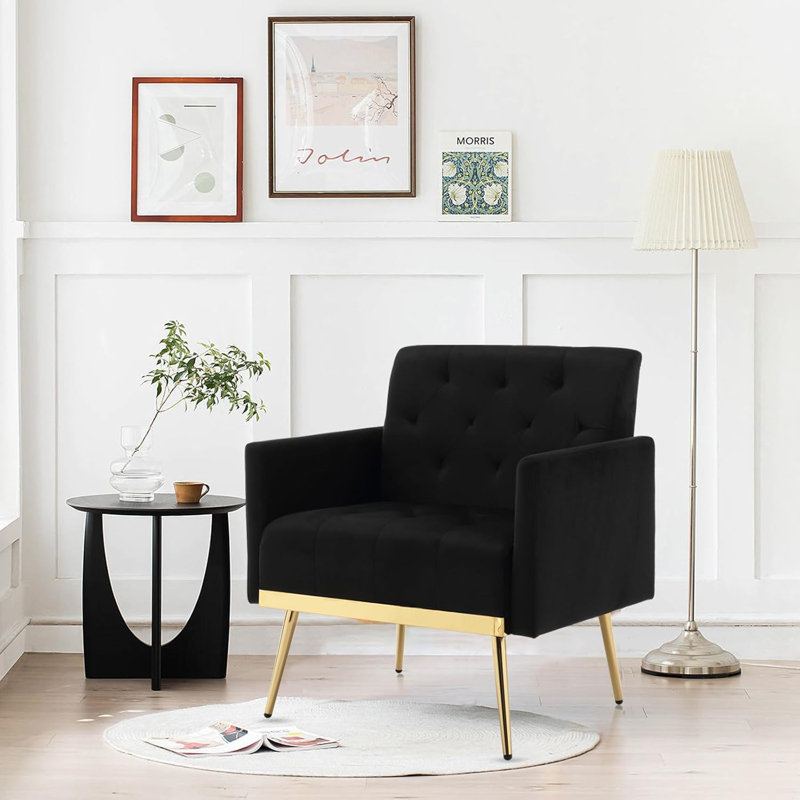 Velet Tufted Armchair With Gold Metal Legs, Black