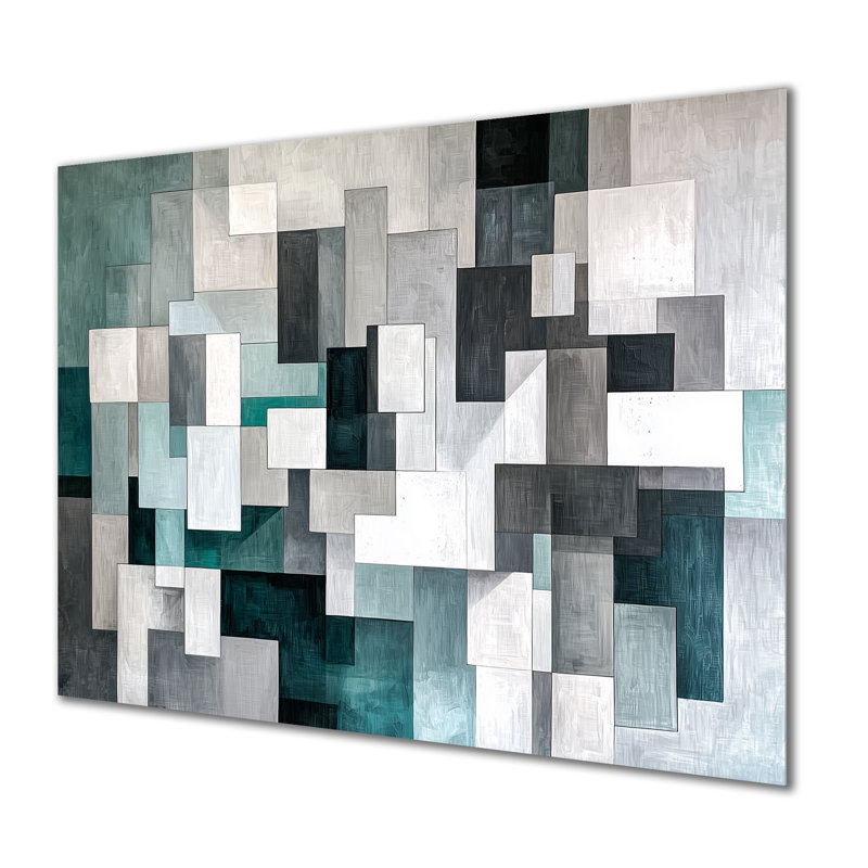 Green Cubism Fragmented Mirror - Abstract Metal Wall Art Decor, Abstract Cubism Metal Print, 12" H x 20" W x 0.84" D
