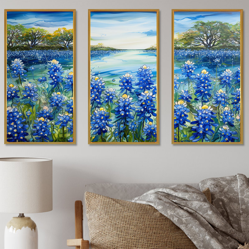 «Calming Blue Bonnets Floral Field I», ensemble d'art mural sur toile Flower Field, Cadre flottant doré