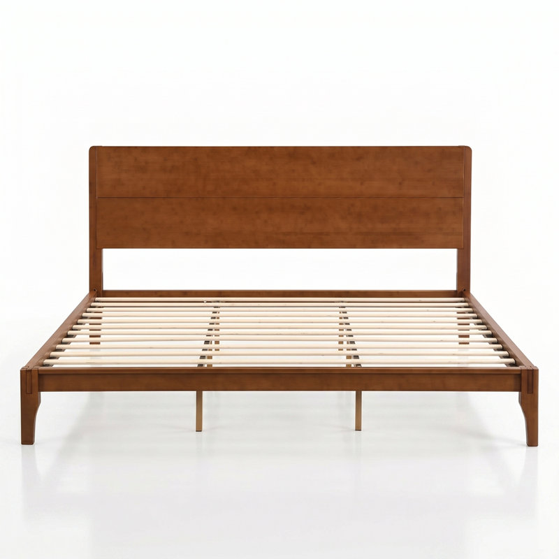 Mid-Century Modern Bamboo Platform Bed - No Box Spring Needed, Wood Slat Metal Support, Easy Assembly, King, Brown