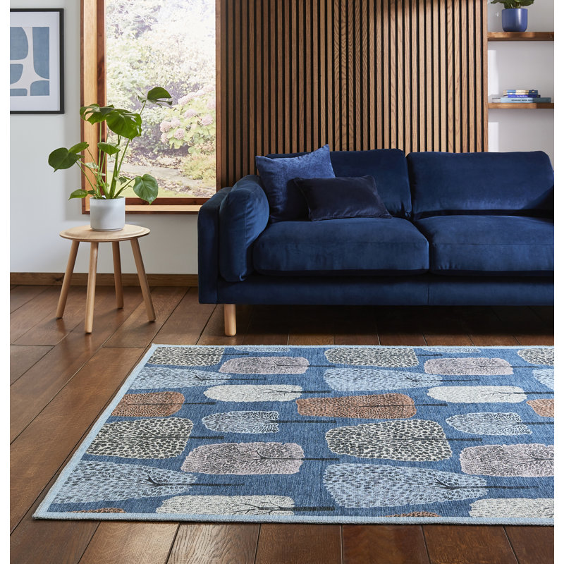 Scion Floral Digitally Printed 76cm X 150cm Area Rug, Round 152 cm, Dark Blue