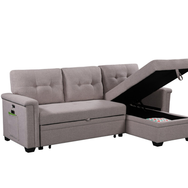 Reversible Sleeper Sectional Sofa With Storage Chaise, USB Charging Ports And Pocket, Light Gray