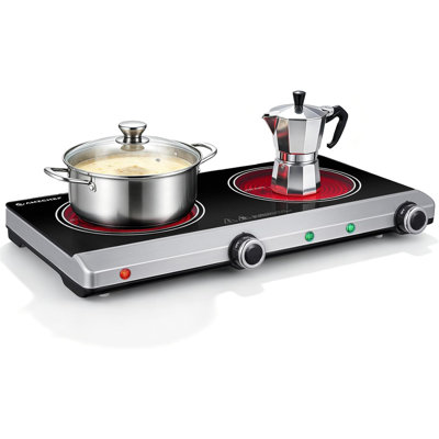 AMZCHEF 19.7" Portable Double Burner Electric Cooktop, 1800W Countertop Stove with 1100W + 700W Infrared Burners, Ceramic Glass Surface, 5 Power Levels & Knob Controls