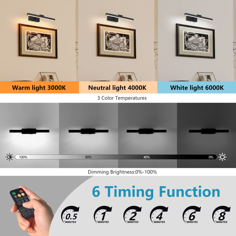 Luminaires de salle de bain noirs de 16 po au-dessus d'un miroir moderne à DEL à intensité variable pour éclairage de salle de bain