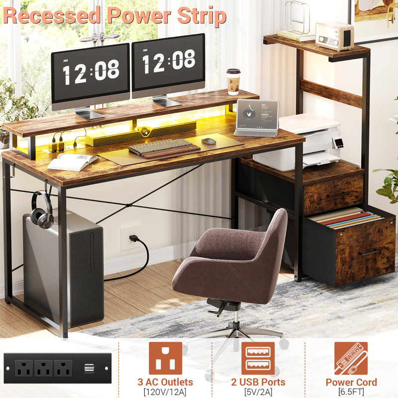 60'' Reversible Gaming Desk With Monitor Stand & Fabric Drawers, Yellow/Black