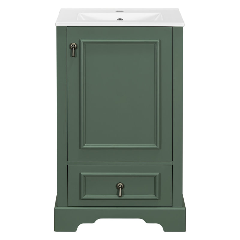 Meuble-lavabo simple de 20 po avec plateau en céramique, tablette ajustable en U et tiroir divisé, Vert
