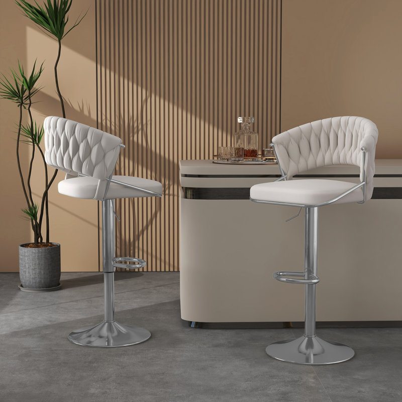 Christal Swivel Upholstered Adjustable Height Counter Stool, Ivory, Silver