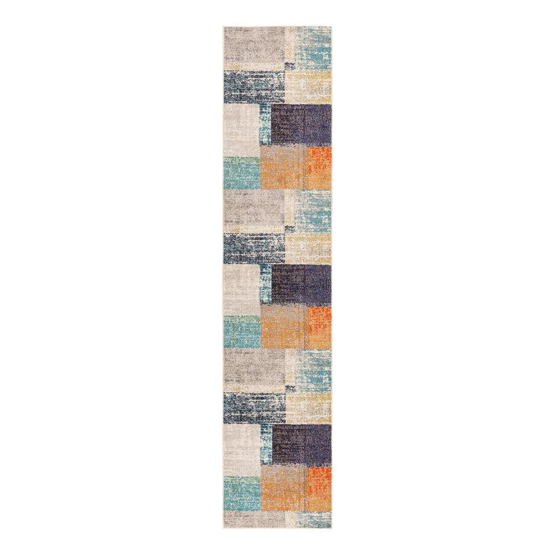 Octagon Abstract Navy/Gray/Orange Area Rug, Runner 2' x 6'