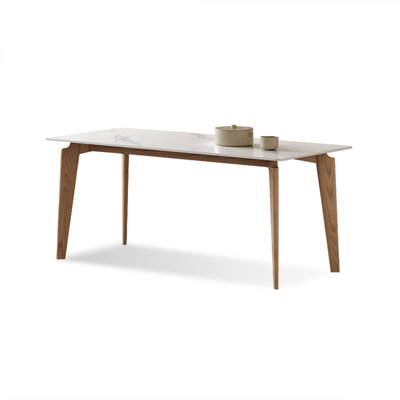 White + Burlywood Rectangular Sintered Stone + Solid Wood Dining Table