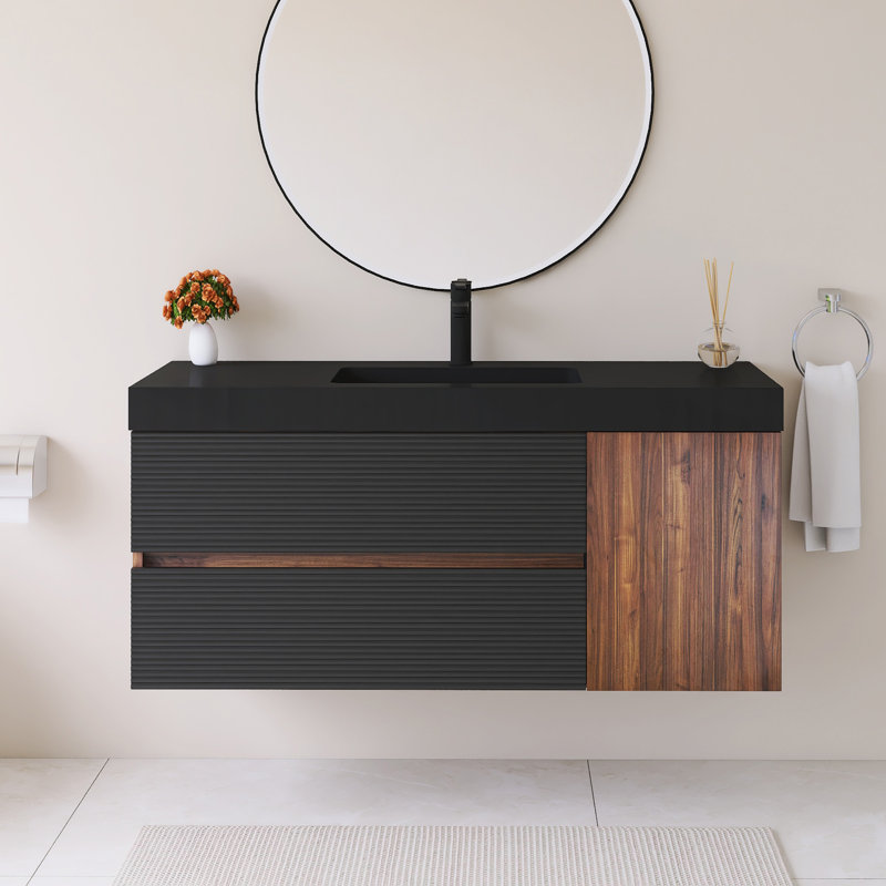 48" Wall-Mounted  Bathroom Vanity With Black Solid Surface Basin