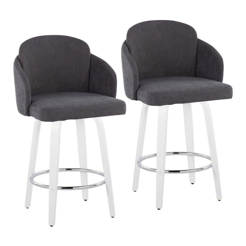 Tabouret de comptoir à hauteur fixe avec pivot en bois blanc et tissu gris avec repose-pieds rond chromé - ensemble de 2