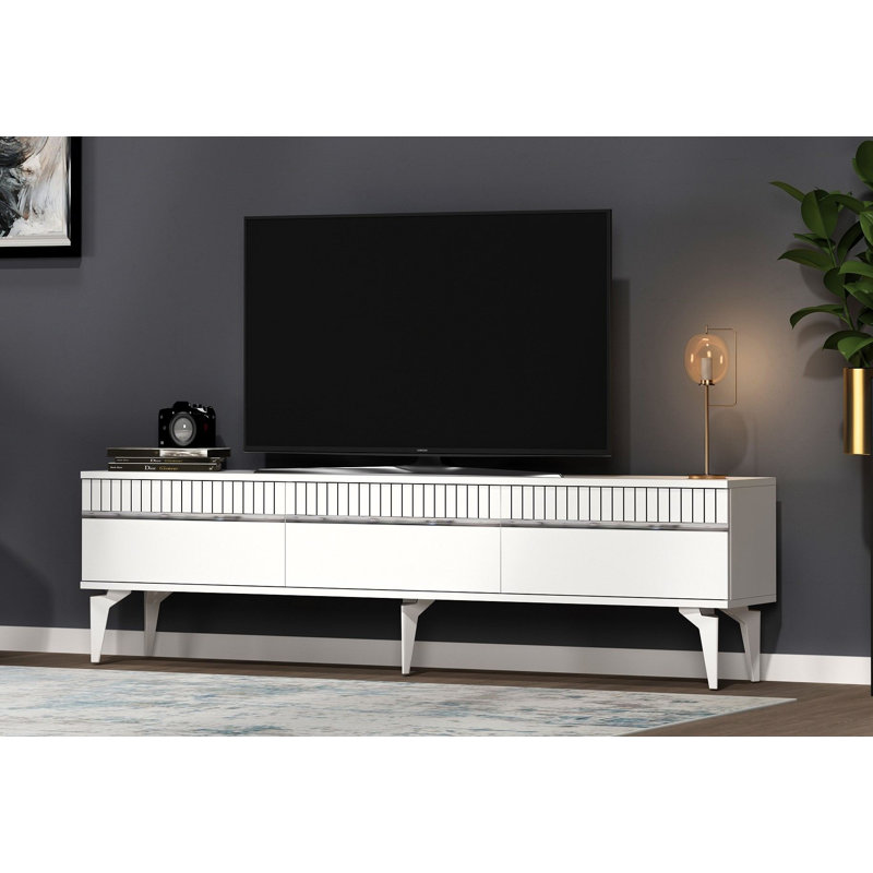 Meuble télé Catena moderne avec option de fixation murale, blanc et argent, 70,9 po x 17,6 po x 11,6 po | 100% panneau de particules enduit de mélamine, plusieurs tablettes, design géométrique élégant | Parfait pour le salon et les espaces de divertissement