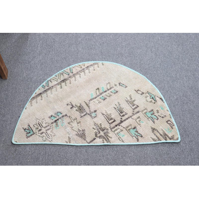 Vintage Half Circle Turkish Rug in Earth Tones for Entryway or Small Spaces