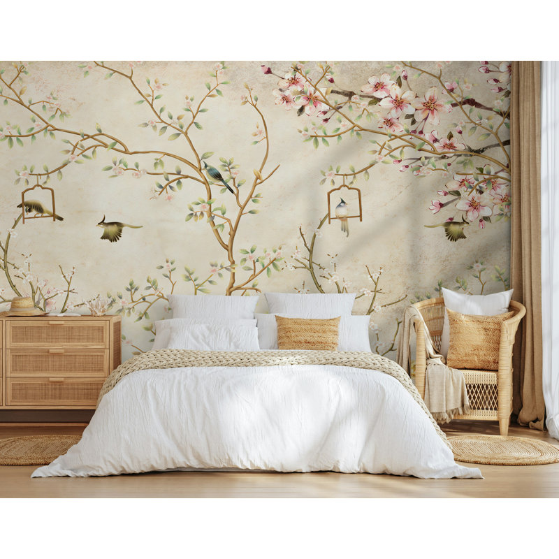Papier peint rétro avec cage à oiseaux Cherry Blossom, L 100 po x l 150 po