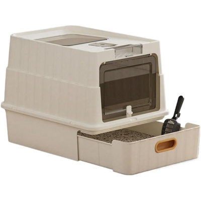 Litière pour chat, grande toilette fermée pour tiroir avec tiroir escamotable de style tiroir, pour chatons, grands chats et maisons multi-chats, gris