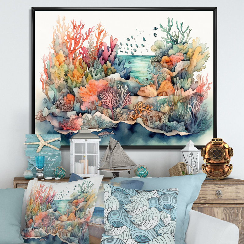 «Vibrant Coral Reef II - Modern Beach», reproduction sur toile encadrée, H 30 po x l 40 po x P 1,5 po, Cadre flottant noir