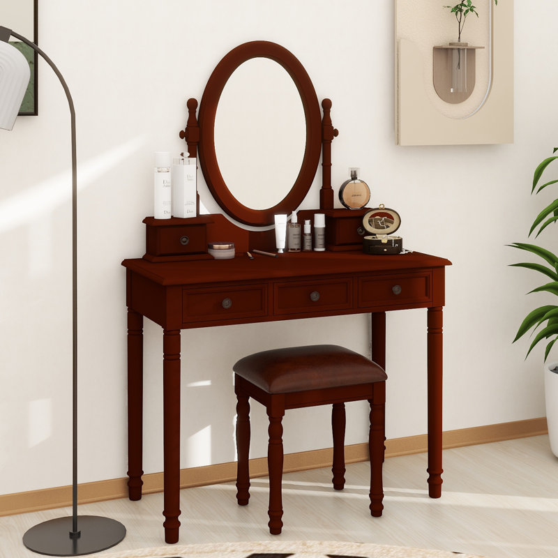 Vanity Desk With Adjustable Angle Mirror, Vintage Vanity Makeup Table And Cushioned Stool Set With Velvet Fabric Lining 5 Drawers,Wooden Dressing Table Set For Bedroom, Walnut