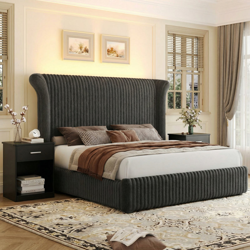 Ensemble de chambre à coucher 3 pièces, cadre de lit tapissier avec tête de lit haute de 55 po et 2 tables de chevet avec tiroirs