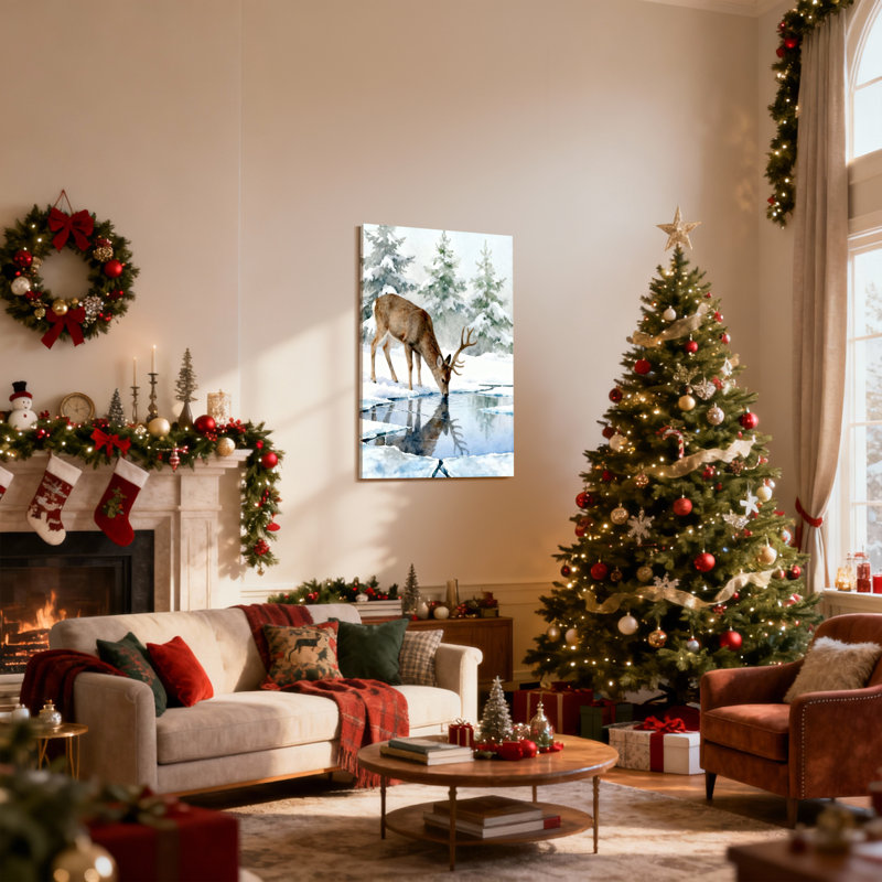 Cerf de Noël buvant de l'eau dans un paysage d'hiver, ensemble de 3 impressions d'art sur toile, H 36 po x l 24 po