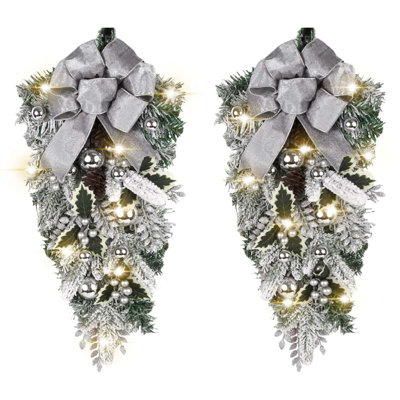 2 Pack Artificial Christmas Teardrop Swag With Fairy Lights, Decorated With Large Bow, Pine Cones, Frosted Branches, Ball Ornament, Christmas Wreath For Stairway Indoor Door Window Fireplace Shelf, Xmas Decor