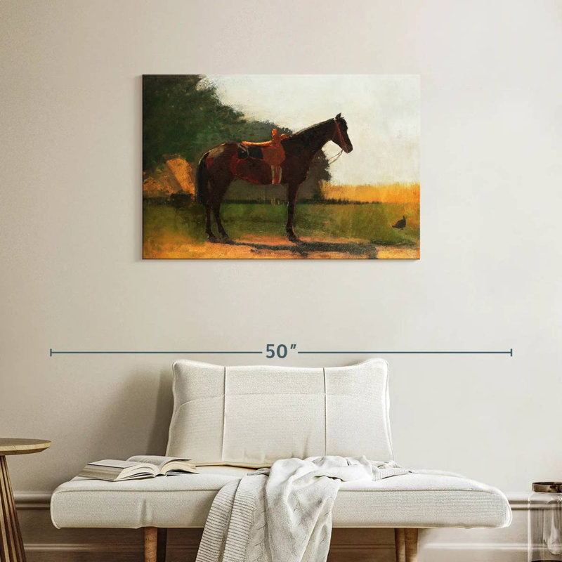 Cheval de selle dans une cour de ferme, H 24 po x l 36 po