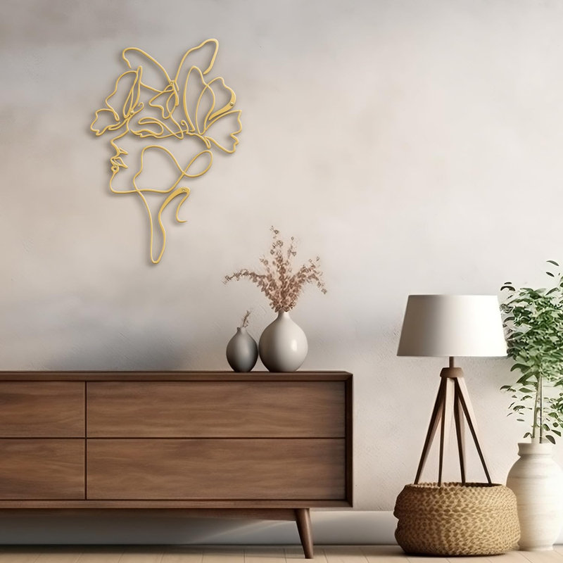 Abstract Line Women Face Modern Abstract Wall Accent Sculpture Hanging Decoration Metal Wall Decor, Gold