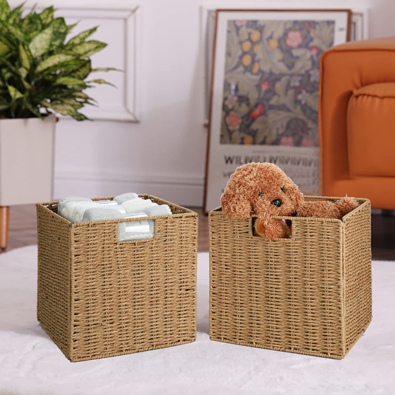Upgraded Square Paper Rope Wicker Storage Basket For Home Organization And Decor, Farmhouse Style, Set Of 2, Clear