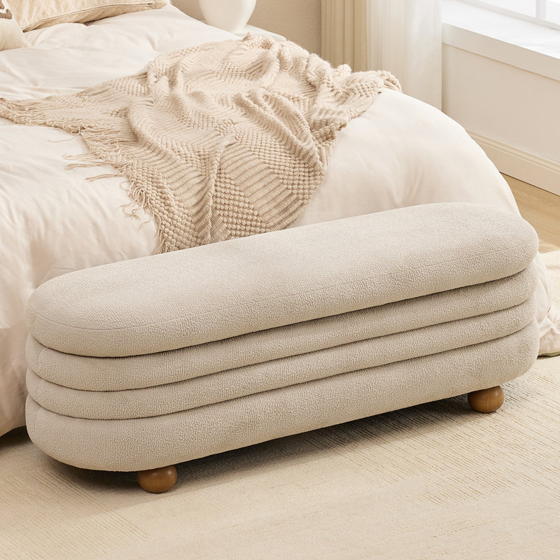 Banc de rangement ovale rembourré avec pattes boule en bois massif, Marron clair