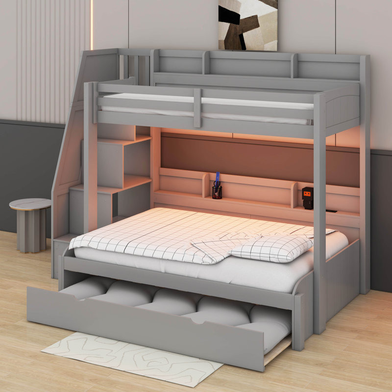 Lit superposé avec escalier de rangement, lit gigogne, tablettes intégrées et port USB, cadre de lit superposé en bois avec DEL