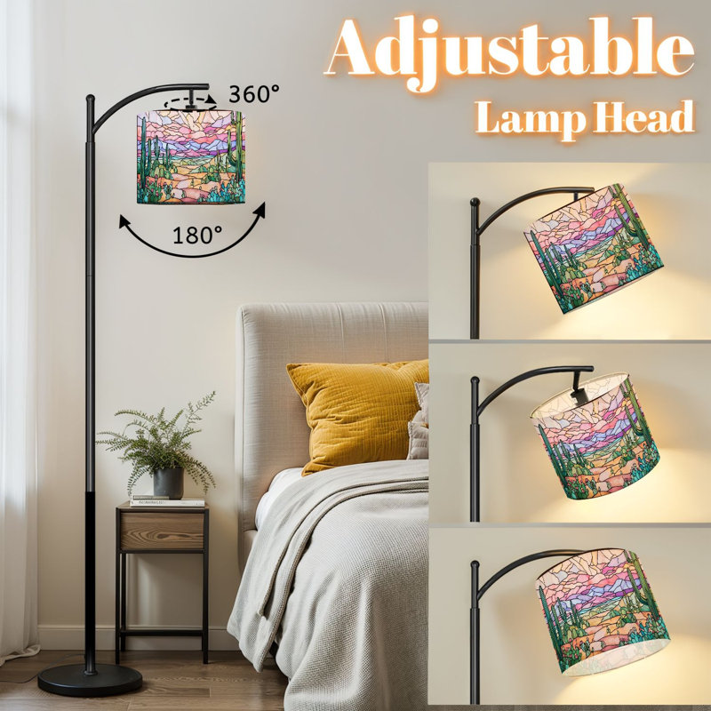 Arc Floor Lamp with Adjustable Lampshade Pastel pink Sky Western Tranquility Cactus Standing Lamp 3 Color Temperatures Dimmable Tall Pole Lamp with Foot Switch for Bedroom