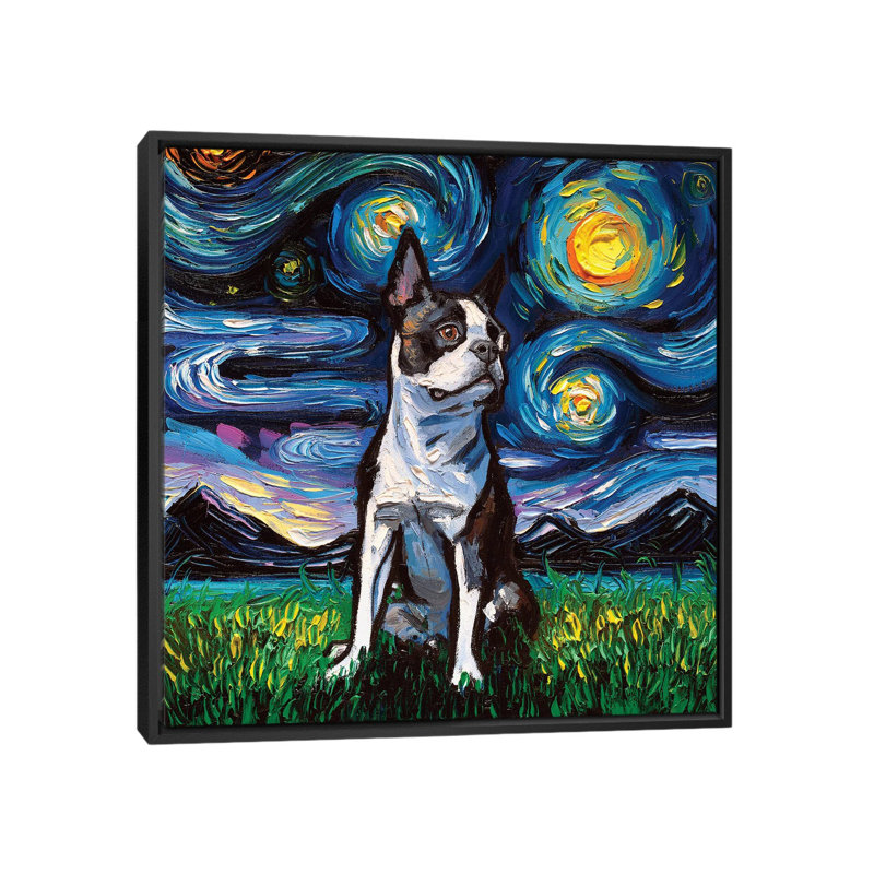«Boston Terrier Night II» par Aja Treves - reproduction d'art, H 12 po x l 12 po x P 1,5 po, Toile avec cadre noir