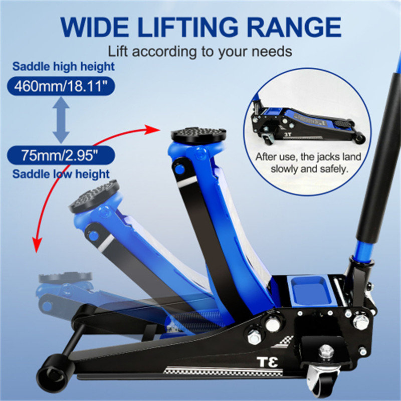 Cric de plancher surbaissé, pompe à levage rapide à piston double, 3 tonnes, 75 mm / 2,95 po à 460 mm / 18,11 po