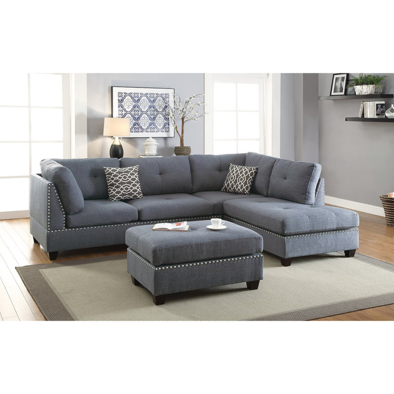 3 pièces Canapé modulaire avec coussins réversibles, Tissu gris clair / bleu