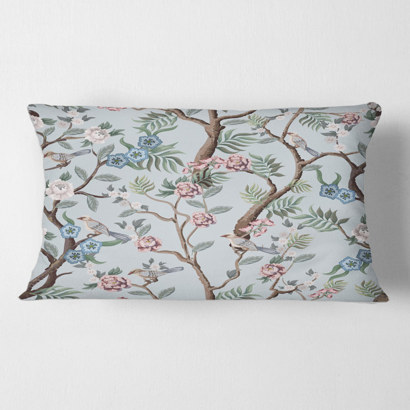 Coussin Rectangle, chinoiserie avec oiseaux et pivoines - imprimé traditionnel