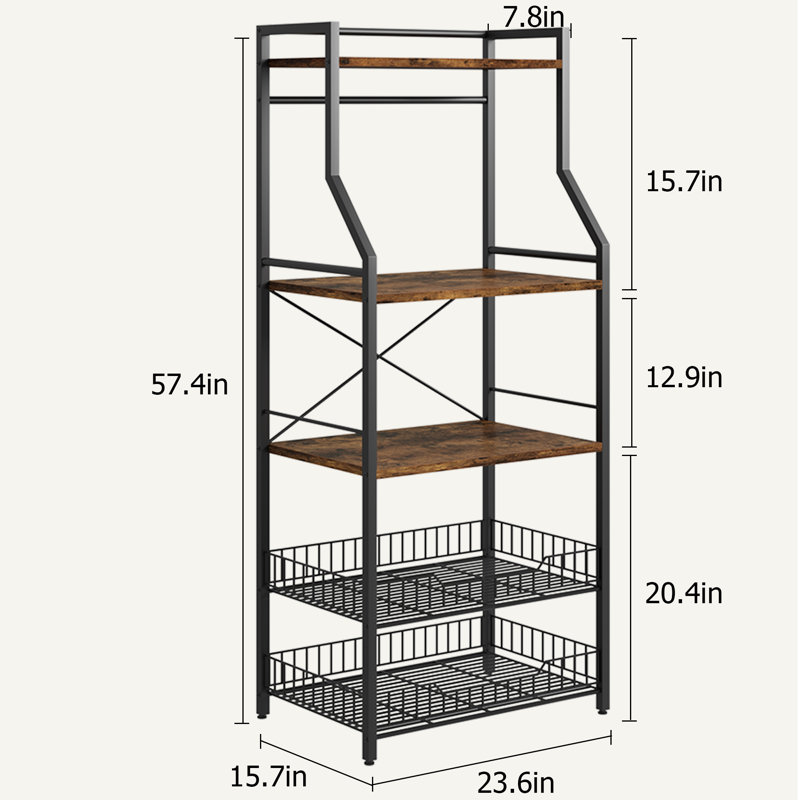 Support de four à micro-ondes avec 2 grands paniers grillagés, 57.4" H x 23.6" W x 15.7" D, Brun