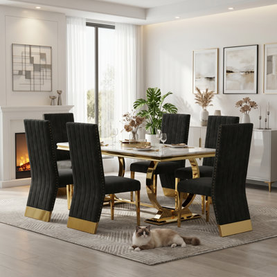 Chaises de salle à manger de luxe en velours, chaises de salle à manger rembourrées modernes, chaises de salle à manger noires et dorées avec pieds en acier inoxydable poli, garniture cloutée et dossier haut, ensemble de 6